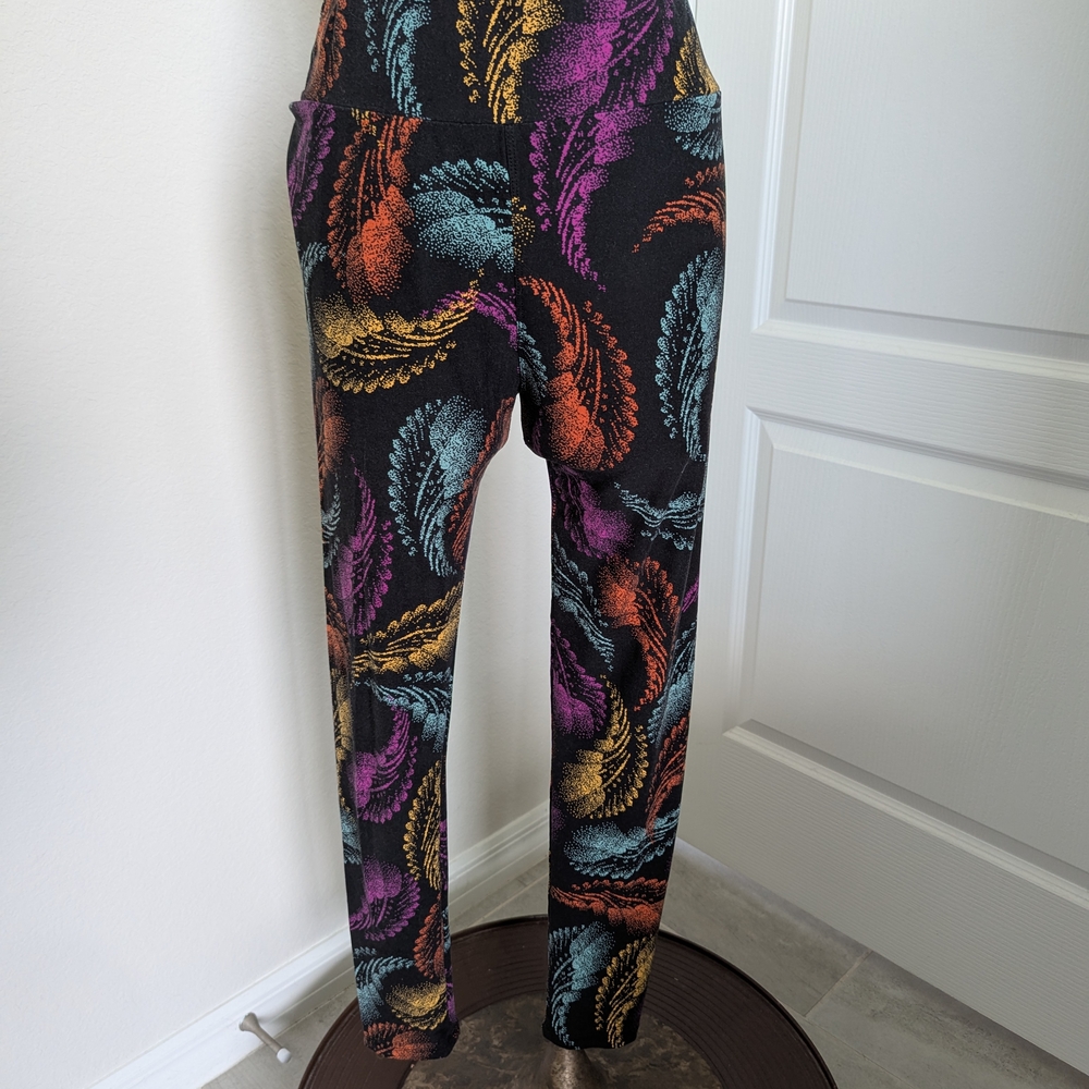 LuLaRoe Black Pants with Multicolor Feather Design